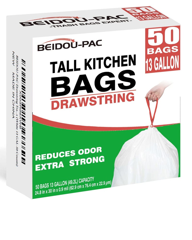 BEIDOU-PAC Trash Bags 13 Gallon Drawstring, 50 Count Garbage Bags, Tall Kitchen Trash Bags, Odorless & Extra Strength White Plastic Food Scrap Bag for Home Office Bathroom Kitchen Bins - Image 1